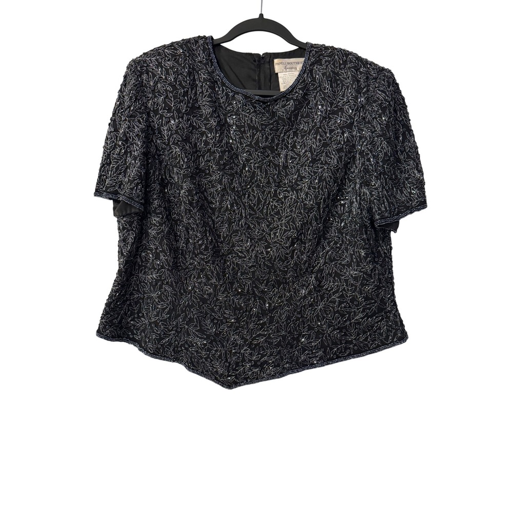 Papell Boutique Evening Silk Beaded Sequin Top Womens 1X Black Formal Blouse
